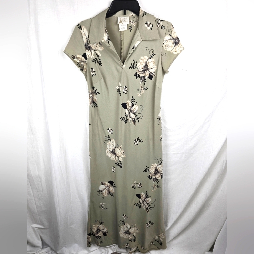 Vintage Boulevard De Paris Tan And Black Floral Patterned Maxi Dress Sz 9